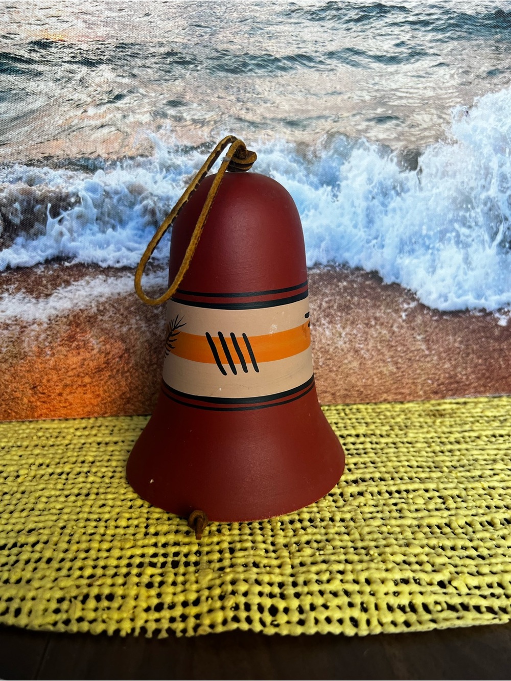 Hand-Painted Terracotta Bell Ornament in Rustic Red and Orange